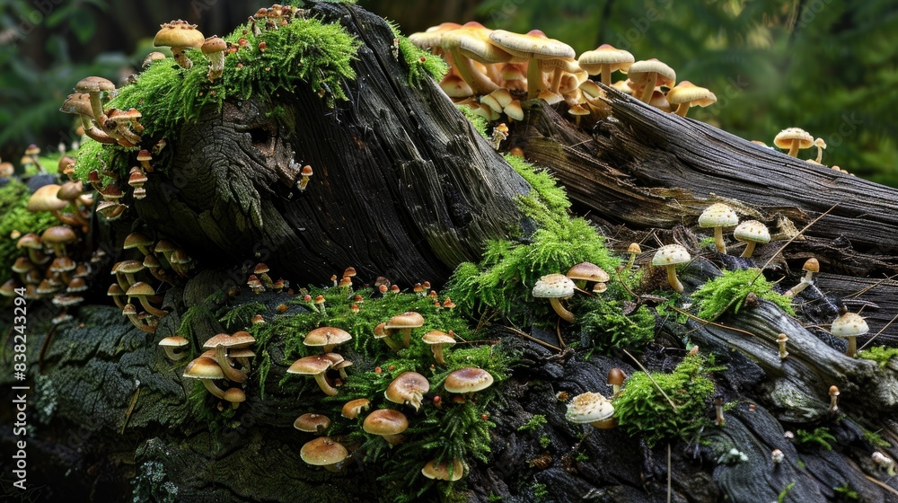 Poster aged log with rich moss and mushrooms, highlighting the intricate patterns and textures of decomposi