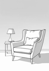 One continuous line drawing of an armchair with pillows, suitable for coloring pages