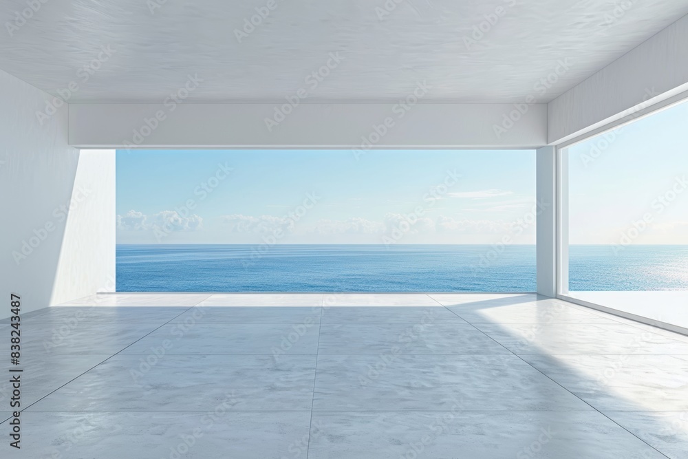 Poster an empty concrete room with a large window on the sea background is rendered in 3d.