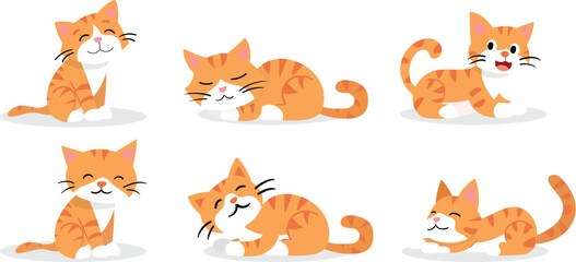 Set of adorable orange cats in multiple playful and relaxed poses