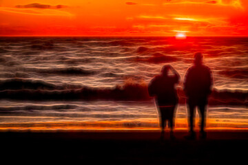 Fototapeta premium A woman and a man stand side by side in silhouette on island beach and watch the sun set in an orange sky over a wavy Gulf of Mexico in December, southwest Florida. Digital glow effect, 3D rendering.