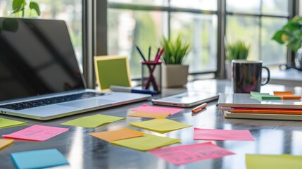 Creative Workspace: Modern Office Desk with Colorful Sticky Notes, Laptop, and Coffee Mug in Soft Natural Light