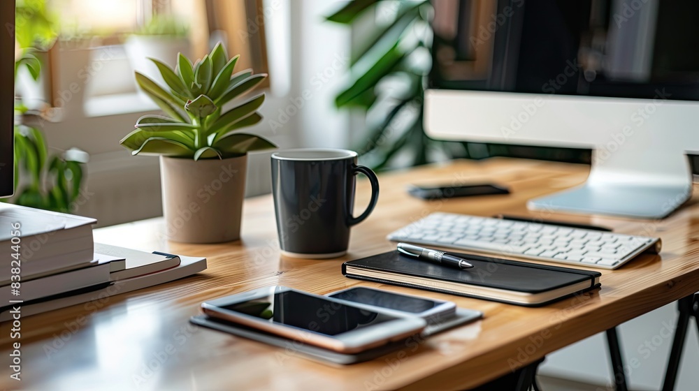 Poster clean and modern workspace with a computer, smartphone, notebook, and pen, creating an inviting work