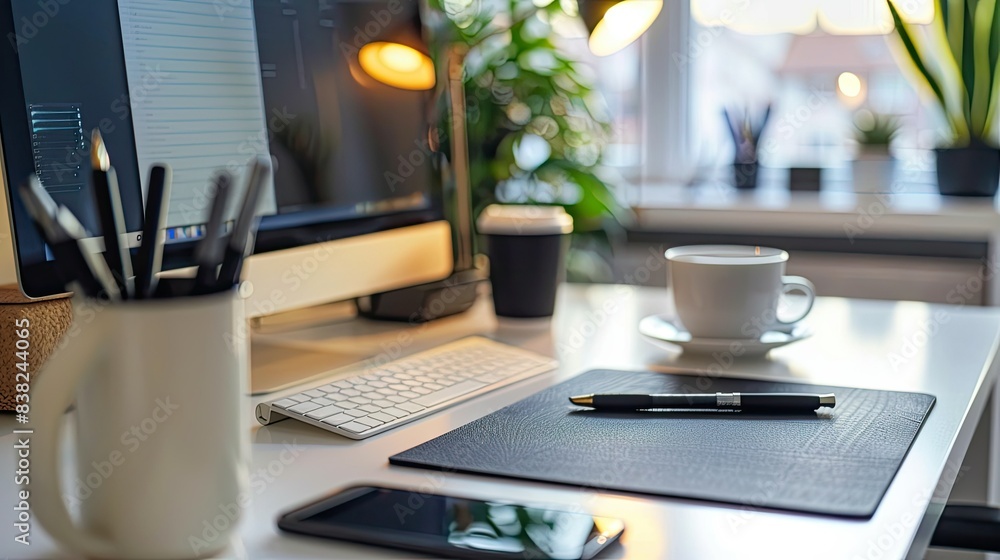 Aufkleber clean and modern workspace with a computer, smartphone, notebook, and pen, creating an inviting work