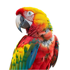 Obraz premium A vibrant scarlet macaw with bright yellow, blue, and green feathers, looking to the side. The bird's head is turned slightly, revealing a curious and intelligent expression.