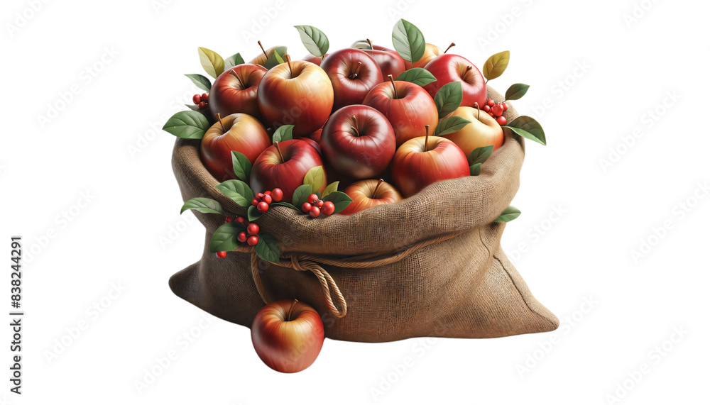 Poster a burlap sack filled with red and yellow apples on a transparent background