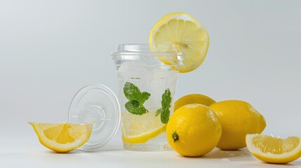 Clear plastic cup containing a refreshing lemonade and a lid, set against a white background, ideal for advertising