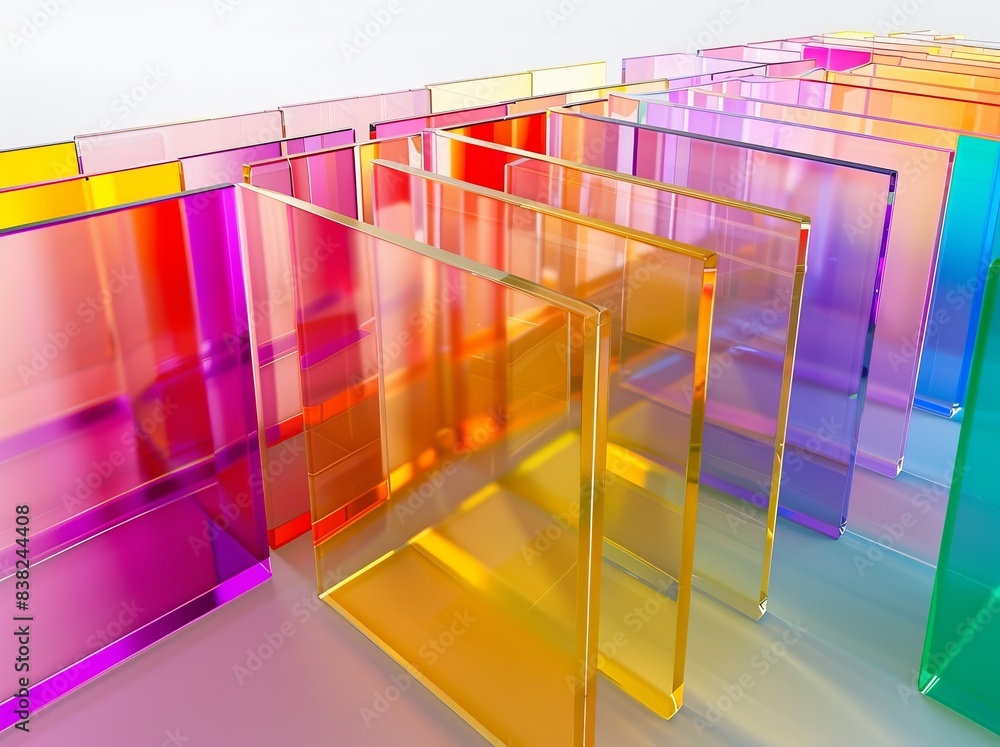 Poster rendering with a 3d geometric abstract background, colored translucent glass and simple squares