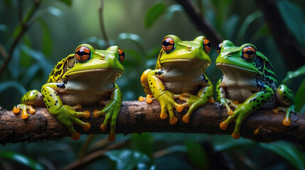 wildlife of frogs perched on rocks and trees in the forest