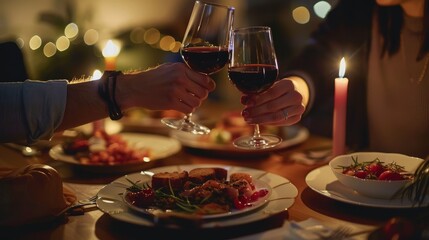 Romantic dinner for two with a couple clinking glasses of red wine at the dining table, surrounded by candles and floral arrangements. Evening setting with closeup of hands toasting over plates of foo