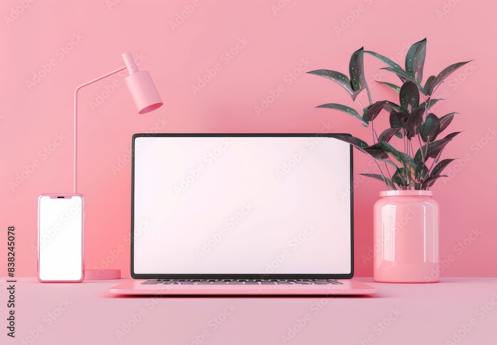 Poster computer notebook and smartphone rendered in 3d with an empty screen on pink backdrop. laptop and mo