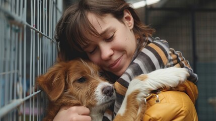 Compassionate mom and son volunteering at an animal shelter,  caring for furry friends in need