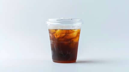 Clear plastic cup filled with cold brew coffee and a lid, studio lighting, isolated white background for advertising focus