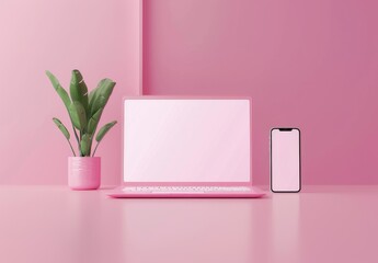 A 3D render of a pink computer notebook and smartphone with an empty screen on a pink background. A mockup of a laptop and mobile phone for banner or advertising.