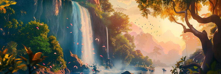Fototapeta premium Jungle waterfall landscape at sunrise isolation background, Illustration.