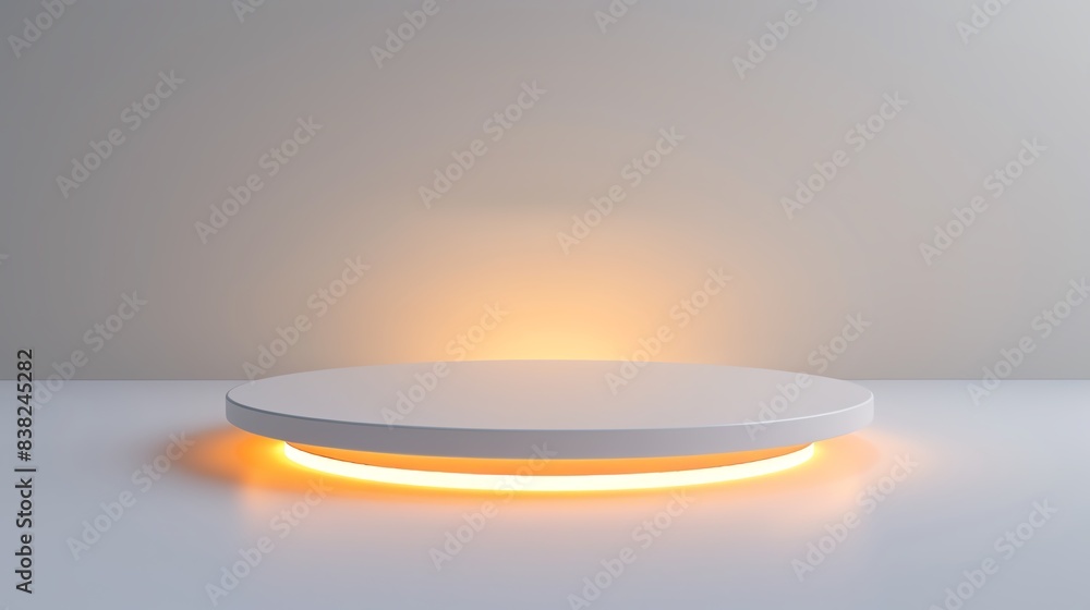 Poster minimalist podium with soft ambient orange light, perfect for showcasing products or highlighting ob