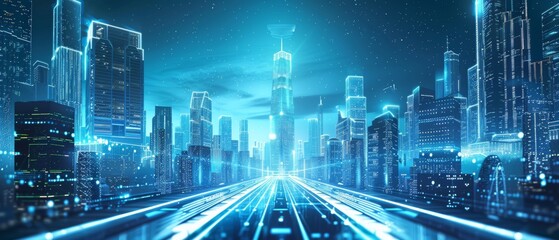 Futuristic cityscape with towering skyscrapers, technology, and innovation under bright sky, showcasing modern architecture and urban growth in a high-tech environment.