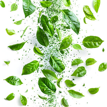a dynamic visualization of tea leaves scattering into an array of energetic particles, fizzling with vitality isolated on white background, simple style, png