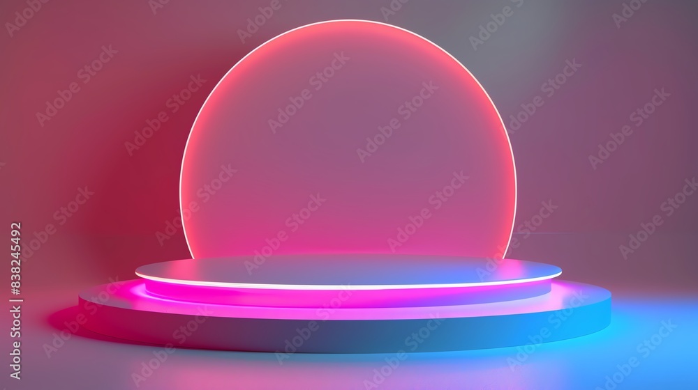 Poster abstract circular platform with vibrant neon lighting, featuring a glowing sphere backdrop. ideal fo