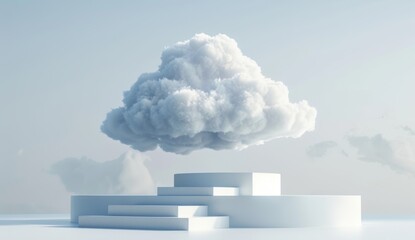 Blue cloud on top of white stairway. 3D illustration of a staircase for product placement.