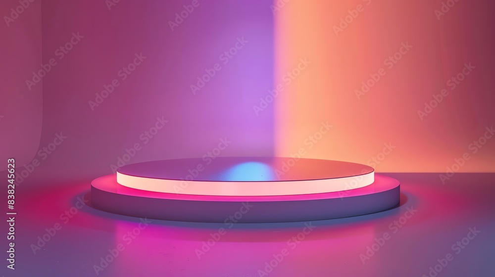 Poster modern empty illuminated stage in vibrant colors with soft lighting and abstract background. suitabl