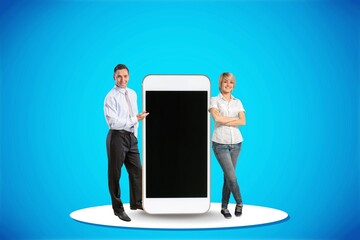 Shopping mobile concept, man and woman and big smartphone