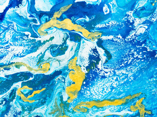 Naklejka premium Abstract art, blue and gold painting, creative hand painted background, marble texture, acrylic painting on canvas, liquid art, abstract ocean.