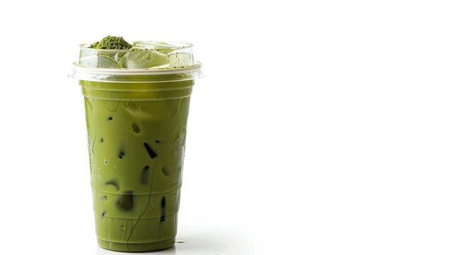 Clear plastic cup with iced matcha latte and a lid, on a white background, perfect for product advertising