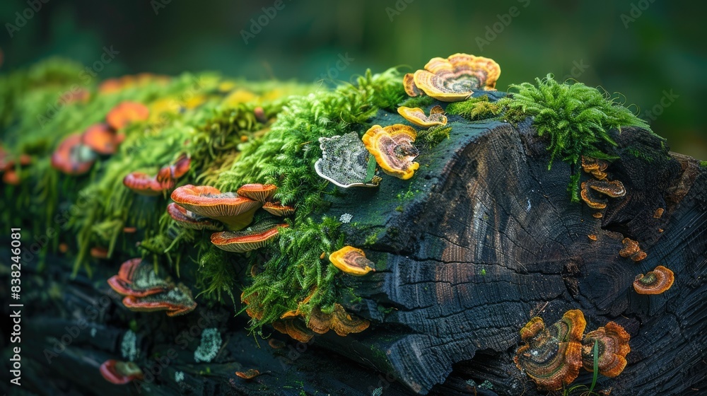 Poster close-up of a decaying log with lush moss and colorful fungi, emphasizing the textures and details o