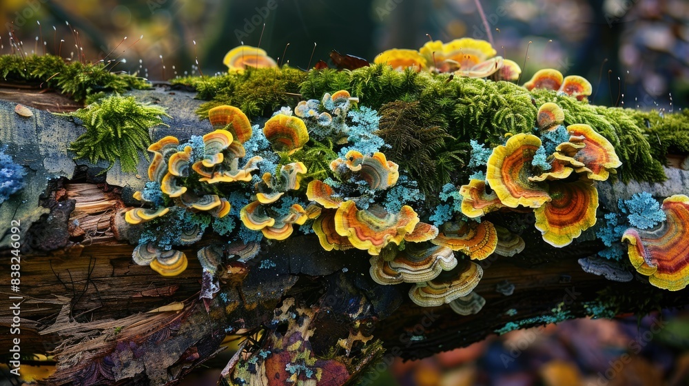 Poster close-up of a decaying log with lush moss and colorful fungi, emphasizing the textures and details o