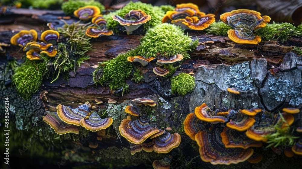 Poster close-up of a rotting log with lush moss and colorful fungi, highlighting the textures and details o