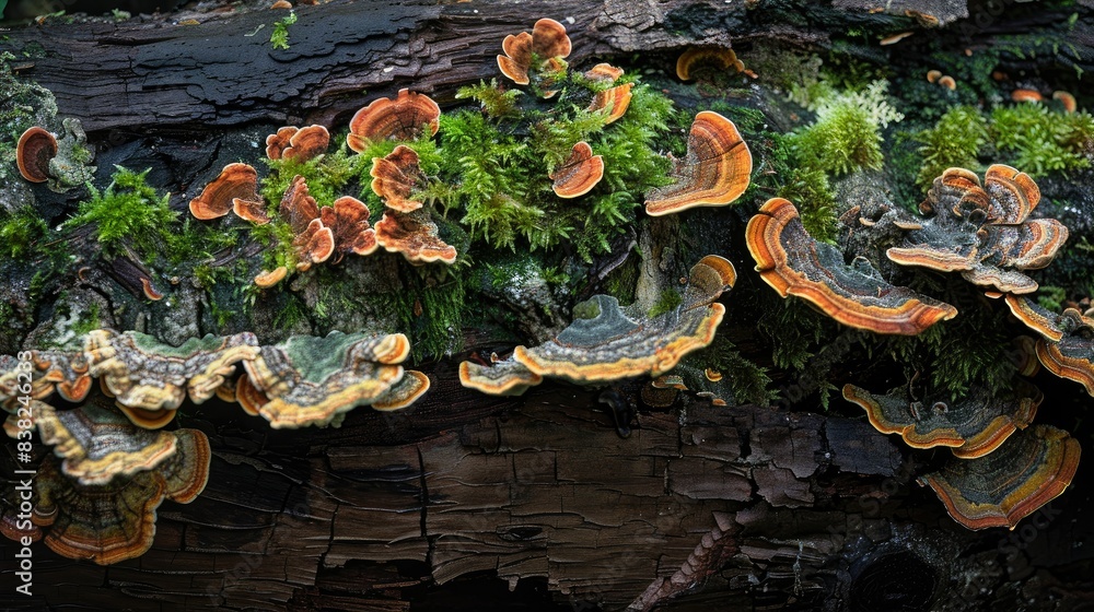 Poster close-up of a rotting log with lush moss and colorful fungi, highlighting the textures and details o