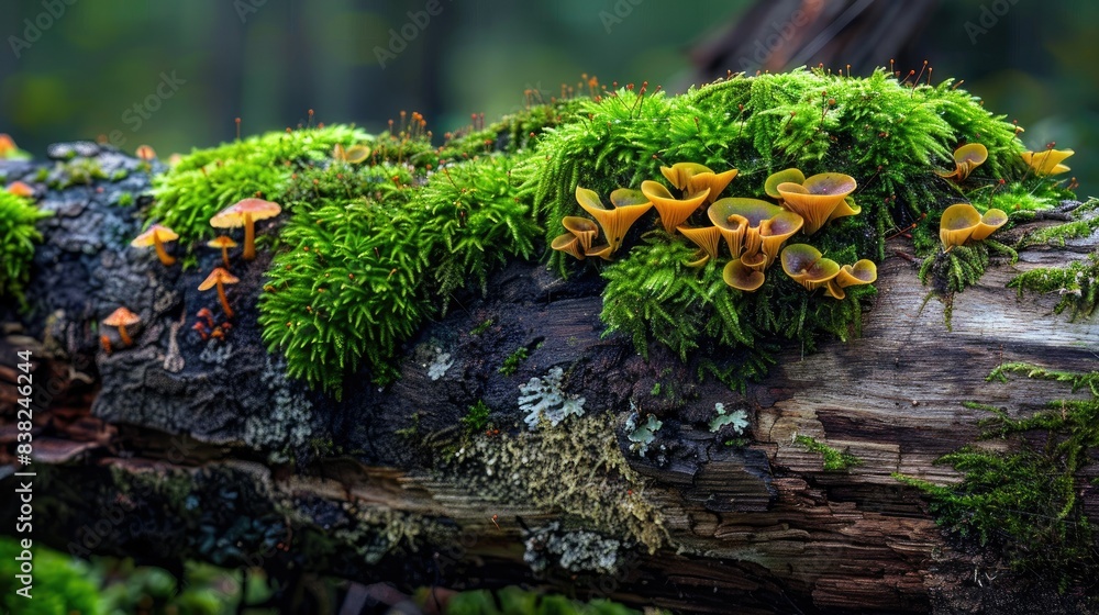 Poster close-up of a rotting log with lush moss and colorful fungi, highlighting the textures and details o