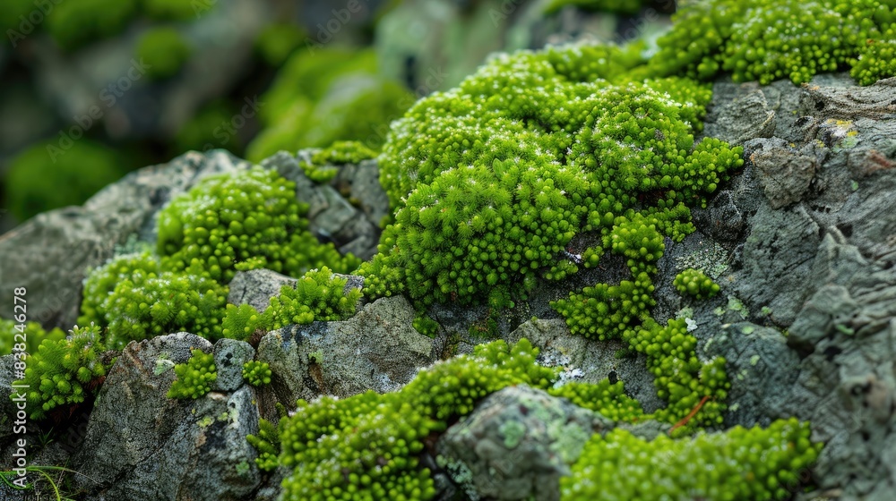 Poster close-up of green moss and algae on rocks, showing the intricate patterns and textures of nature