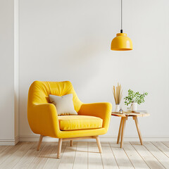  Modern wooden living , Living room interior has an yellow armchair on empty dark white wall background, room, Light room with sofa and armchair on empty dark White wall background,