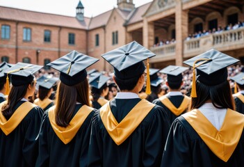 University graduates, adorned in cap and gown, facing the future with pride and achievement. Education triumphs