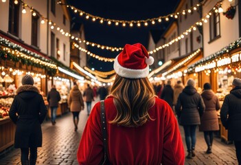Wrapped in a red Santa hat, a woman strolls through a Christmas market adorned with festive lights, basking in the joy of the holiday season amidst the bustling cityscap