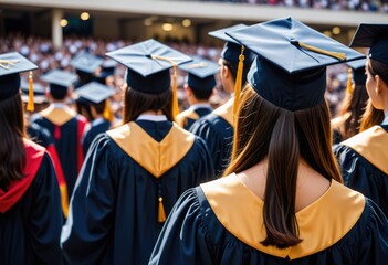 University graduates, adorned in cap and gown, facing the future with pride and achievement. Education triumphs