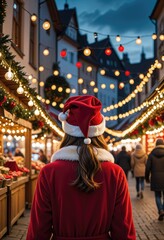 Wrapped in a red Santa hat, a woman strolls through a Christmas market adorned with festive lights, basking in the joy of the holiday season amidst the bustling cityscap