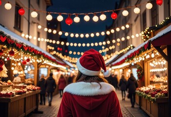 Wrapped in a red Santa hat, a woman strolls through a Christmas market adorned with festive lights, basking in the joy of the holiday season amidst the bustling cityscap