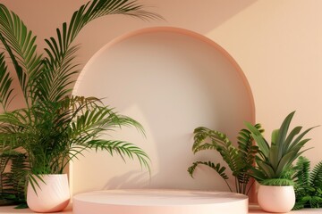 The soft pink color of the product stage platform is complemented by a 3d rendering of the background.