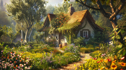 A small house with a garden in front of it