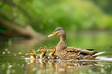 Obraz premium A mother duck is leading her ducklings through the water