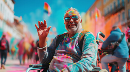 Cheerful man in wheelchair at the festival of colors Holi	
