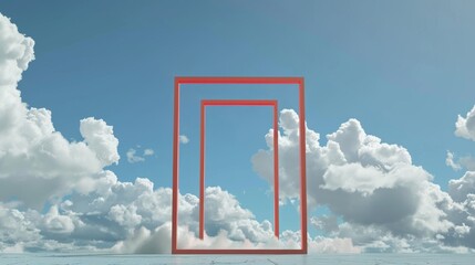 Abstract dreamy cloudscape rendered in 3D. White clouds fly under the red gates against a blue sky. Minimalist surreal dream concept.