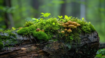 Fototapeta na wymiar Decayed log covered in vibrant green moss and fungi, showcasing the beauty of nature's life cycle in a forest setting