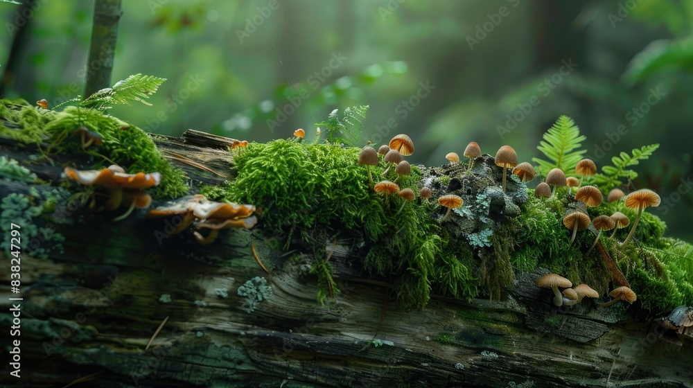 Poster decaying log with lush moss and mushrooms, showing the natural cycle of life and decay in a forest s