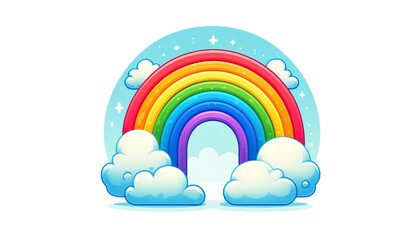 A colorful rainbow with red, yellow, green, blue, and purple arcs, with fluffy blue clouds at each end on a transparent background