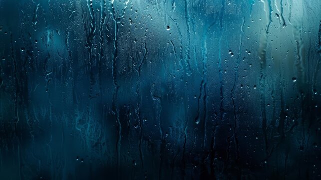 abstract blue rainy window with water drops texture stormy weather background