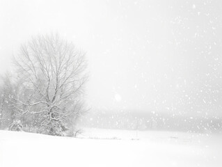 A snow covered field with a lone tree in the foreground